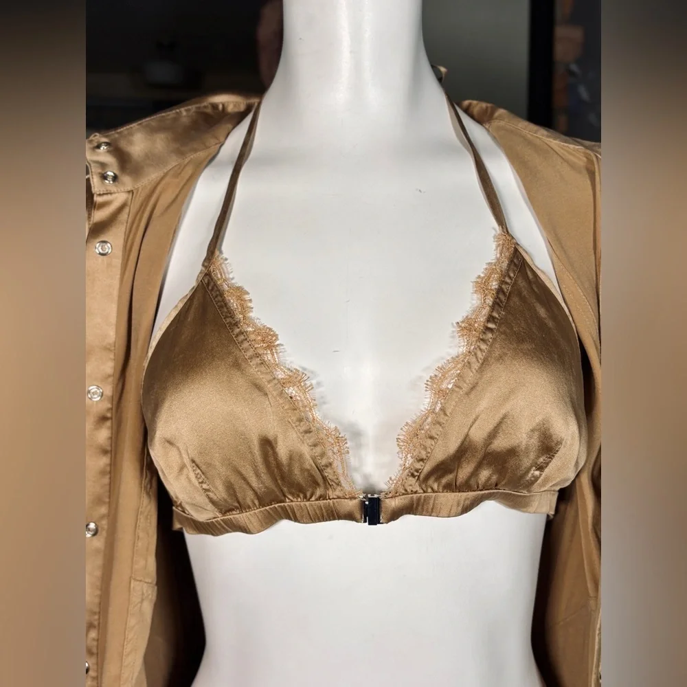 Kaufmanfranco Tan Stretch Silk Button Down Collared Blouse w/ Lace Bralette Sz 8 - Picture 6 of 11